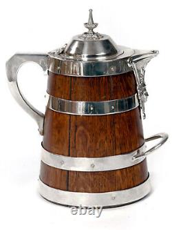 Large Oak and Silver Plate Beer or Water Jug