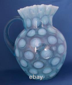 Large Vintage Fenton Northwood Blue Opalescent Glass Coin Spot Water Pitcher