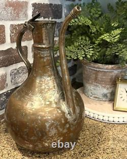 Large Vintage Rustic Hammered Turkish Ibrik Water Pitcher Jug Boho Vase NO LID