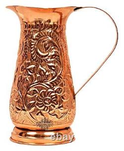 Leaf Floral Design Copper Jug Pitcher, Drinkware & Serveware, Ayurveda Water Pot