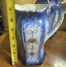 Lot Of 3 Graduating Blue & White With Gold Accents Porcelain Water Jugs / Pitchers