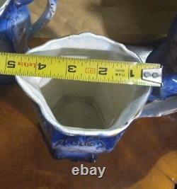 Lot Of 3 Graduating Blue & White With Gold Accents Porcelain Water Jugs / Pitchers