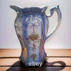 Lot Of 3 Graduating Blue & White With Gold Accents Porcelain Water Jugs / Pitchers