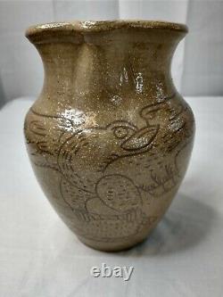 Marvin Bailey Folk Art Pitcher Pottery Signed Jug Eagle Fish Handle 6 3/8 tall