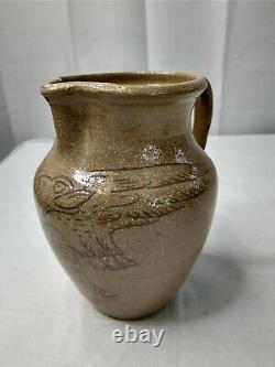 Marvin Bailey Folk Art Pitcher Pottery Signed Jug Eagle Fish Handle 6 3/8 tall