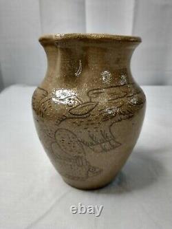 Marvin Bailey Folk Art Pitcher Pottery Signed Jug Eagle Fish Handle 6 3/8 tall