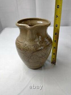 Marvin Bailey Folk Art Pitcher Pottery Signed Jug Eagle Fish Handle 6 3/8 tall