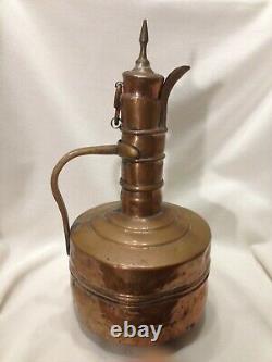 Middle Eastern Jug Ewer Copper Brass Pitcher Ottoman Lidded Water 13.5 VTG