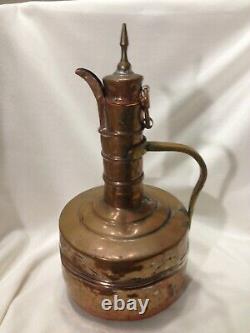 Middle Eastern Jug Ewer Copper Brass Pitcher Ottoman Lidded Water 13.5 VTG