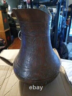 Middle Eastern Persian Carved Etched Tinned Copper Water Pitcher 7 1/2 Jug