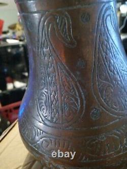Middle Eastern Persian Carved Etched Tinned Copper Water Pitcher 7 1/2 Jug