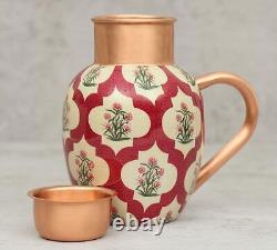 Modern Pure Cooper Pitchers Water Jug Flower Printed Copper Jug with Lid 1500 ML