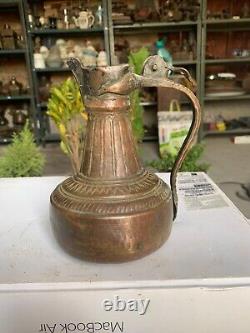 Mughal Antique Old Hand Forged Copper Engraved Water Pot Container Jug Pitcher