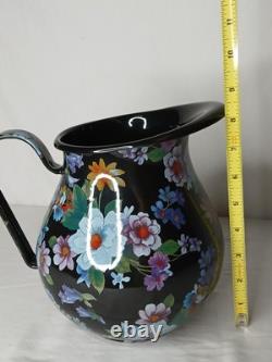 NEW Mackenzie Childs Black Enamel Flower Market Pattern Water Juice Jug Pitcher