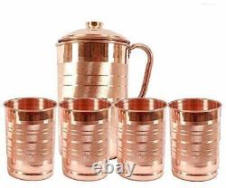 NEW Pure Copper Jug Pitcher with 4 Glass Tumbler 300ML Each For Health Benefits