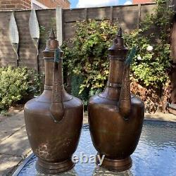 Pair of Antique Islamic Ottoman Turkish Copper Large Storage Water Jug Pitcher
