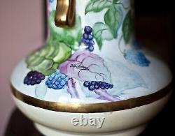 Pair of Fine Staffordshire Porcelain Water Pitcher Jugs Hand Painted Signed 14x9