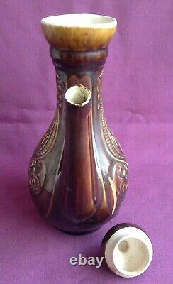 Pitcher Vase Jug Art Ceramic Brown Water Vintage Decoration Carved Flower Drink