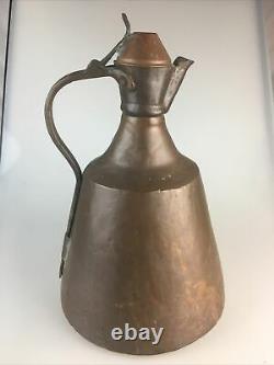 Primitive Hand Made Copper Water Vessel Pitcher Jug 13 High VTG with Handle & Lid