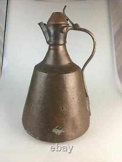 Primitive Hand Made Copper Water Vessel Pitcher Jug 13 High VTG with Handle & Lid