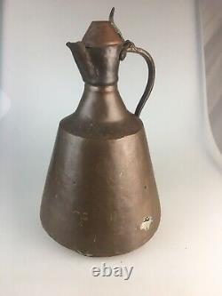 Primitive Hand Made Copper Water Vessel Pitcher Jug 13 High VTG with Handle & Lid