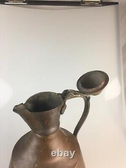 Primitive Hand Made Copper Water Vessel Pitcher Jug 13 High VTG with Handle & Lid