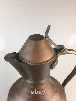 Primitive Hand Made Copper Water Vessel Pitcher Jug 13 High VTG with Handle & Lid