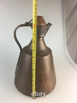 Primitive Hand Made Copper Water Vessel Pitcher Jug 13 High VTG with Handle & Lid