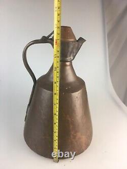 Primitive Hand Made Copper Water Vessel Pitcher Jug 13 High VTG with Handle & Lid