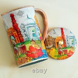 Printed Copper Jug Pitcher, Paisely Design, Storage & Serving Water 1500 ML