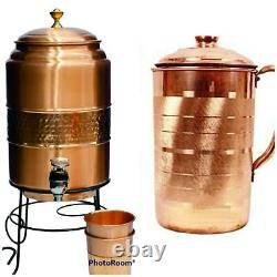 Pure Copper 5 LTR Pot Water Dispenser Tank Storage With Copper Jug 2 glass