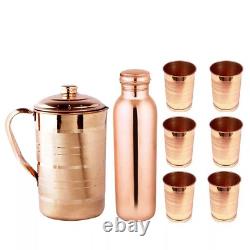Pure Copper Handmade Jug Water Pitcher 1.5 L & 6 Glasses Tumbler 300 ml 1 Bottle