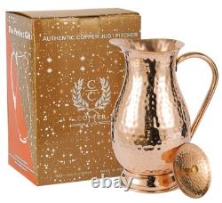 Pure Copper Pitcher With Lid, Large Handcrafted Hammered Water Jug, 70 Oz/200