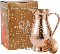 Pure Copper Pitcher with Lid, Large Handcrafted Hammered Water Jug, 70 Oz/2000Ml