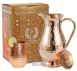 Pure Copper Water Jug with a Lid 70 Oz with a Pure Copper Hammered Glass Tumb