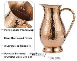 Pure Copper Water Jug with a Lid 70 Oz with a Pure Copper Hammered Glass Tumb