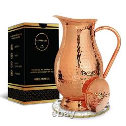 Pure Copper Water Pitcher 70 Ounces Handmade Hammered Large Jug with Lid