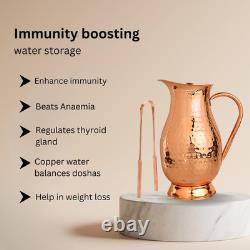 Pure Copper Water Pitcher 70 Ounces Handmade Hammered Large Jug with Lid Unl