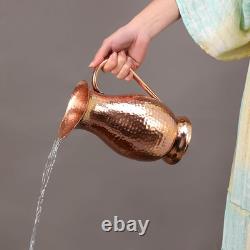 Pure Copper Water Pitcher 70 Ounces Handmade Hammered Large Jug with Lid Unl