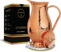 Pure Copper Water Pitcher 70 Ounces Handmade Hammered Large Jug with Lid Unl