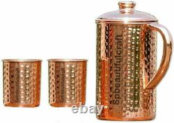Pure Copper Water Pitcher Jug 1500ML with 2 Tumbler Glass 300ML Health Benefits