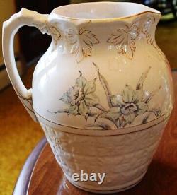 RARE Antique Victorian DRAGON HANDLE WATER PITCHER Embossed POTTERY Daffodils