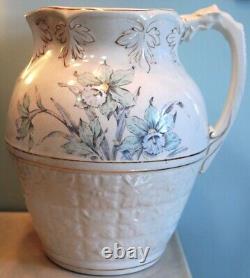 RARE Antique Victorian DRAGON HANDLE WATER PITCHER Embossed POTTERY Daffodils