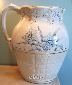 RARE Antique Victorian DRAGON HANDLE WATER PITCHER Embossed POTTERY Daffodils