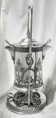 RARE! Atq c1890s JAMES TUFTS 2327 Slv Plate 2-Spout Tilt Water Pitcher Stand Set