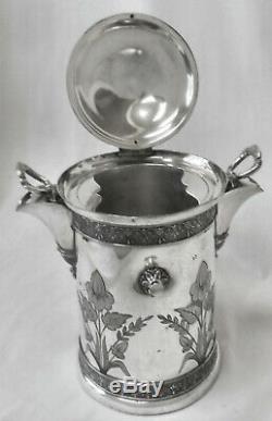 RARE! Atq c1890s JAMES TUFTS 2327 Slv Plate 2-Spout Tilt Water Pitcher Stand Set