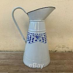 RARE Vintage French Enamel pitcher jug water enameled white blue 09041918