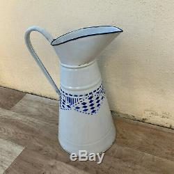 RARE Vintage French Enamel pitcher jug water enameled white blue 09041918