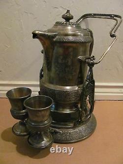 Rare Antique Wilcox Quadruple Plate Silver Tilting Cold Water Pitcher & 2 Goblet