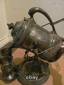 Rare Antique Wilcox Quadruple Plate Silver Tilting Cold Water Pitcher & 2 Goblet